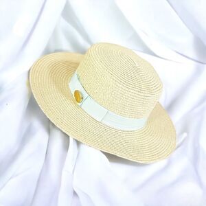 Woven Boater Hat with Baby Blue Grosgrain Ribbon
